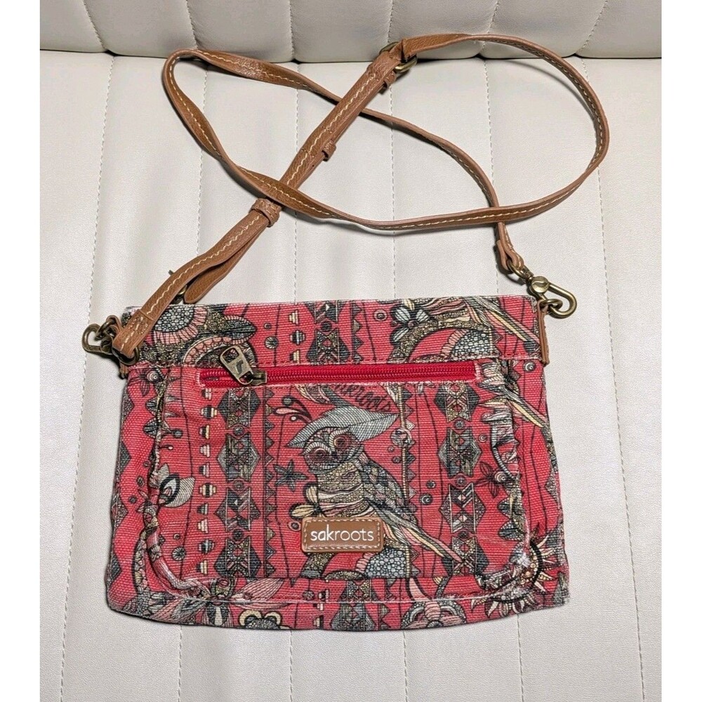 Sakroots Crossbody Owl Canvas Bag Purse Leather Adjustable Strap Distressed Read